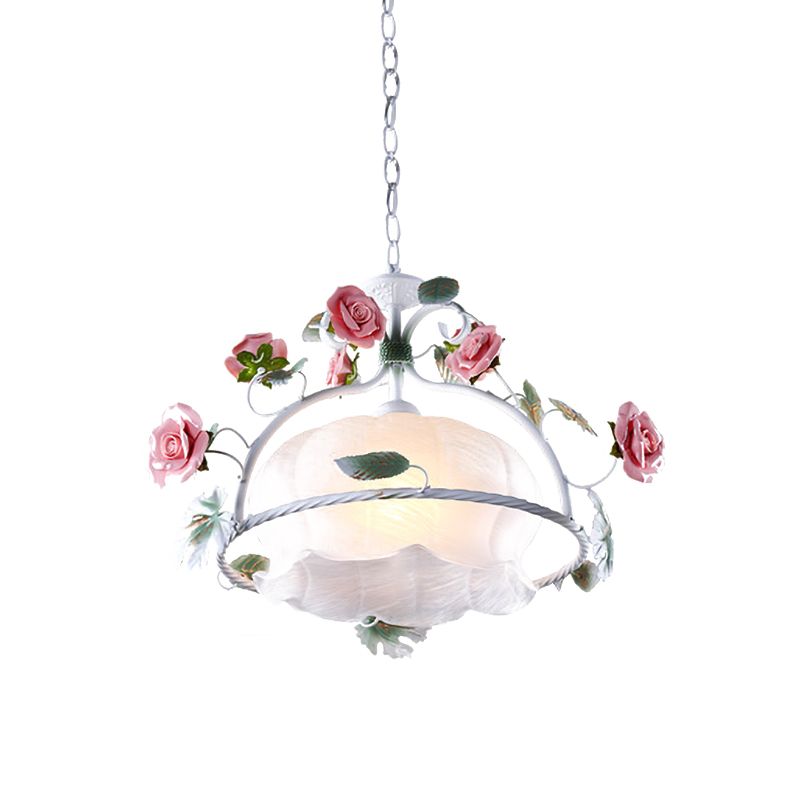 Korean Garden Floral Hanging Pendant 1 Head White Glass Down Lighting for Dining Room