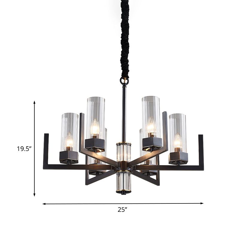 Zwarte radiale kroonluchter vintage metalen 6-bulb eettafel suspensie hanglamp met fluit prismatische glazen schaduw