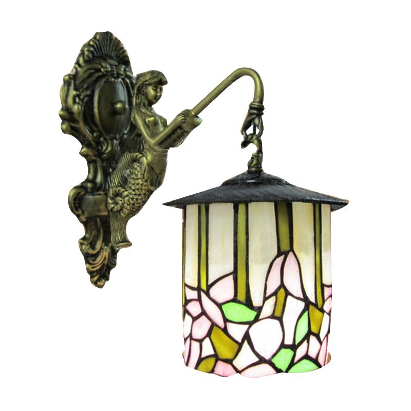 Cylinder Sconce Lighting Tiffany Beige Glass 1 Head Hallway Wall Mounted Light with Flower Pattern