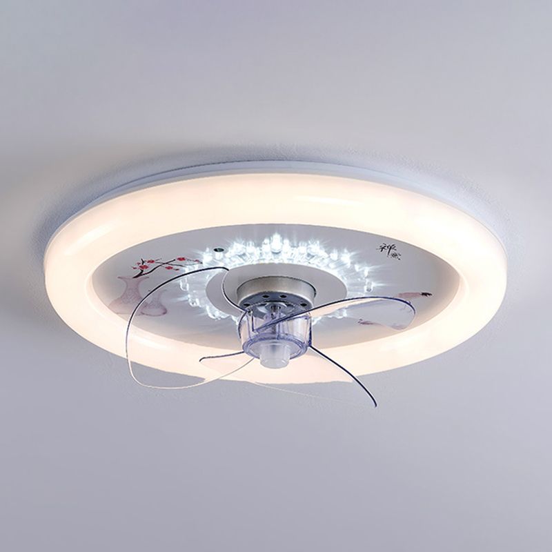 Simple Circular LED Fan Light 3-Blade Bedroom Semi Flush Ceiling Light in White