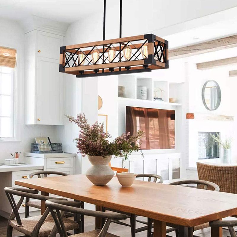 Bois + Iron Cage 5 Light Island Light Industrial Style Hanging Lighting Forment pour Restaurant Cafe Shop