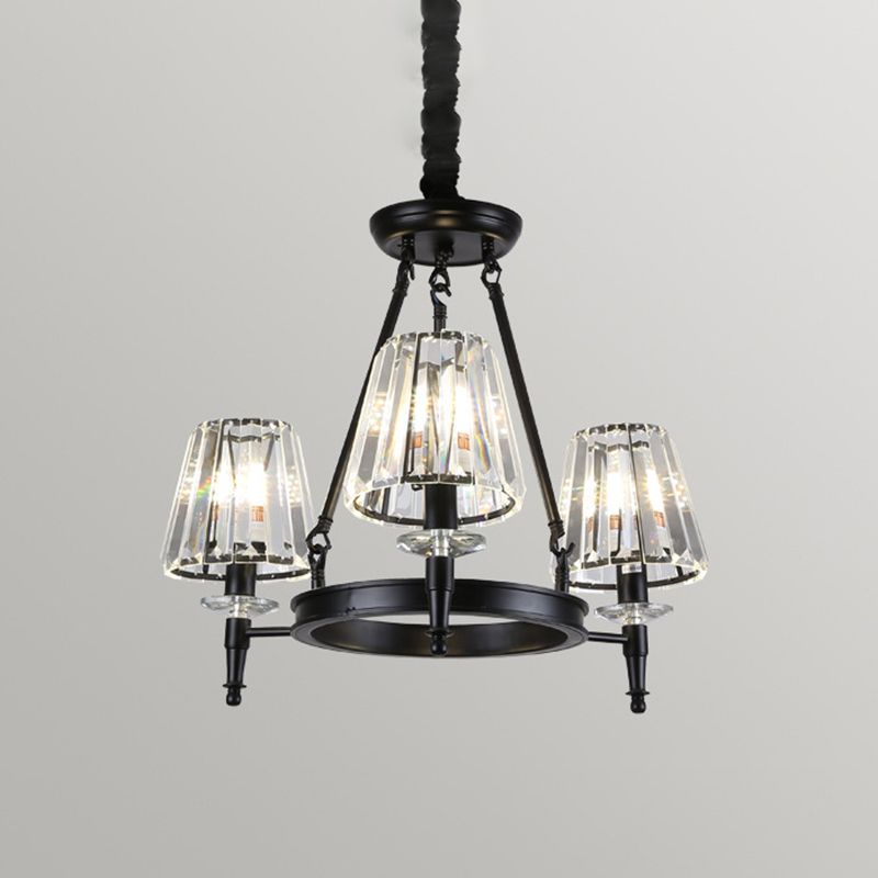 Conical Bedroom Chandelier Classic Crystal Block Black Suspended Lighting Fixture