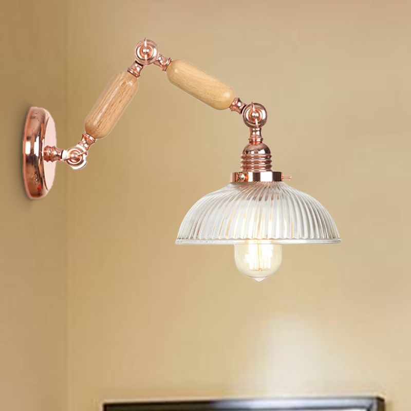 1 Light Prismatic Glass Wall Sconce Light Vintage Rose Gold Bowl Bedroom Lighting Fixture with Extendable Arm