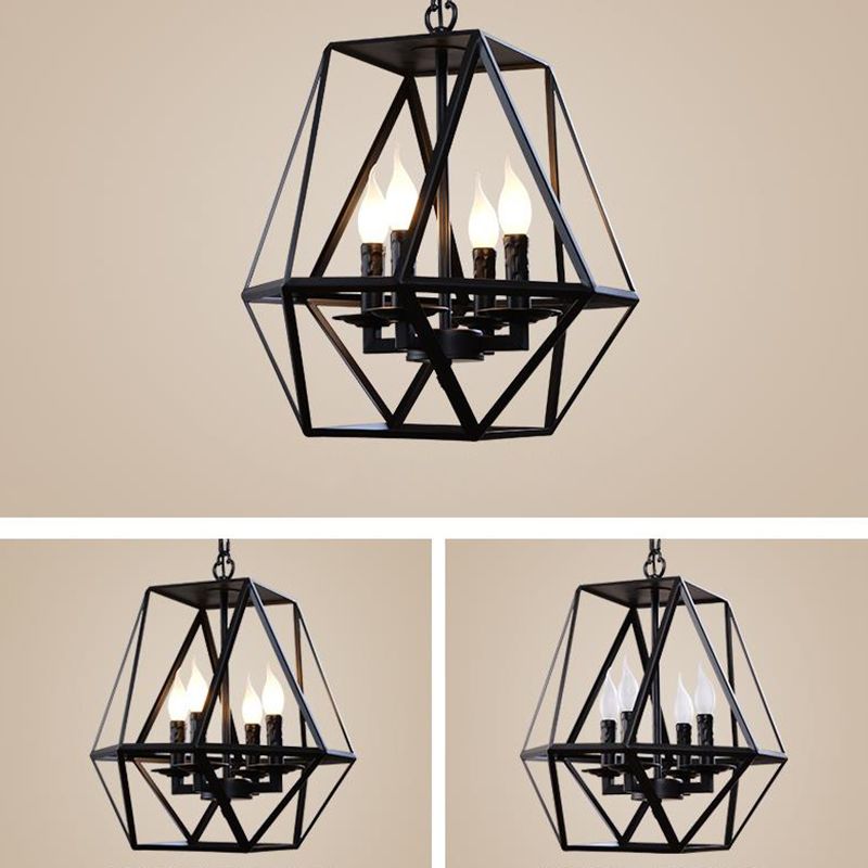 Black Geometric Chandelier Lamp Traditional Metal 3/4 Light Living Room Hanging Light