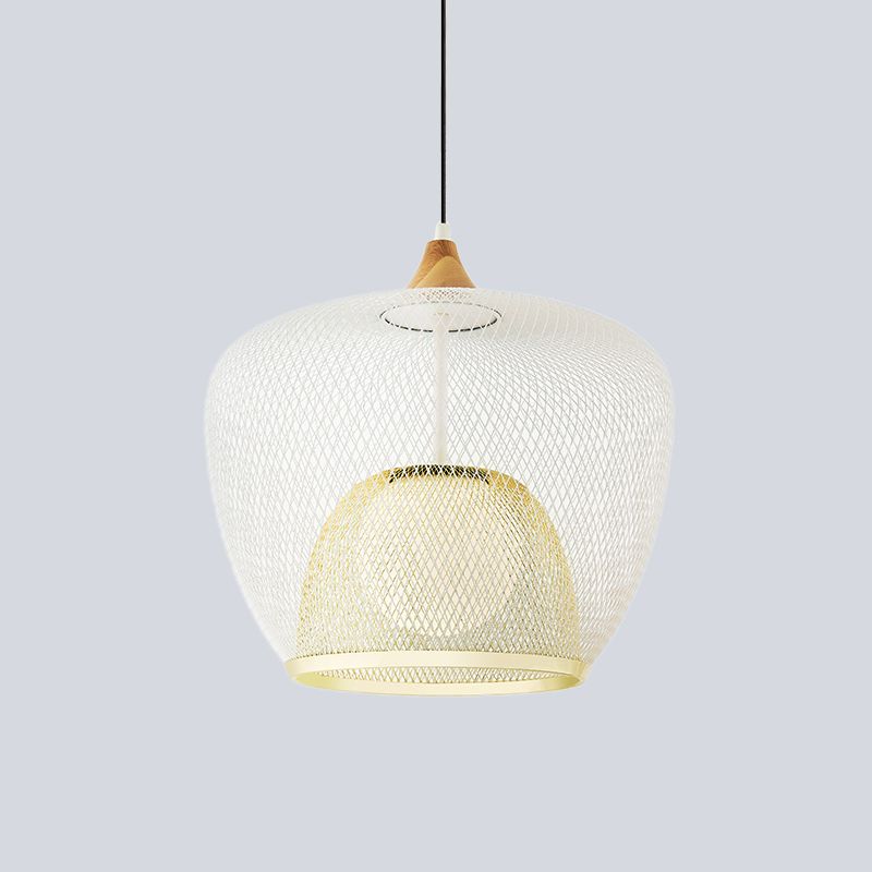 Contemporary 1 Bulb Pendant Lighting with Iron Mesh Shade White/Blue Woven Basket Hanging Ceiling Lamp