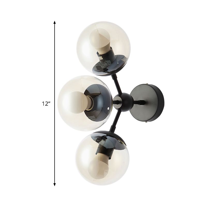 3 Bulbs Spherical Vanity Light Modern Clear Glass Wall Mounted Lighting in Black for Bathroom