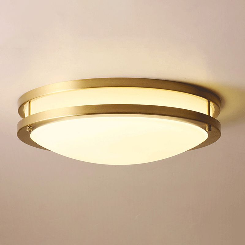 All Copper Round Simplicity LED Ceiling Light White Frosted Glass Shade Traditional Style Lighting Fixture in Gold