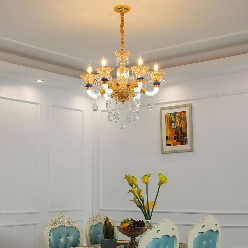 Candelabra Chandelier Light Fixture Traditional Metal 6 Heads Brass Suspension Pendant with Dangling Amber Crystal Accent