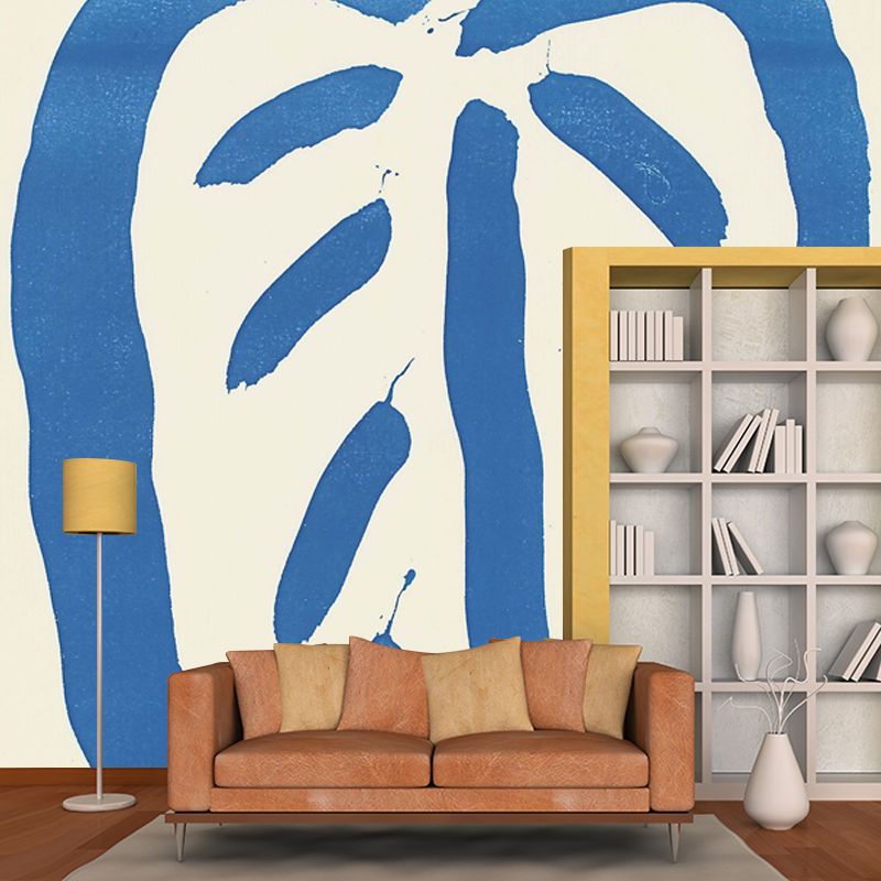 Art Deco Leaf Murals in Blue-White Stain Resistant Wall Covering for Living Room