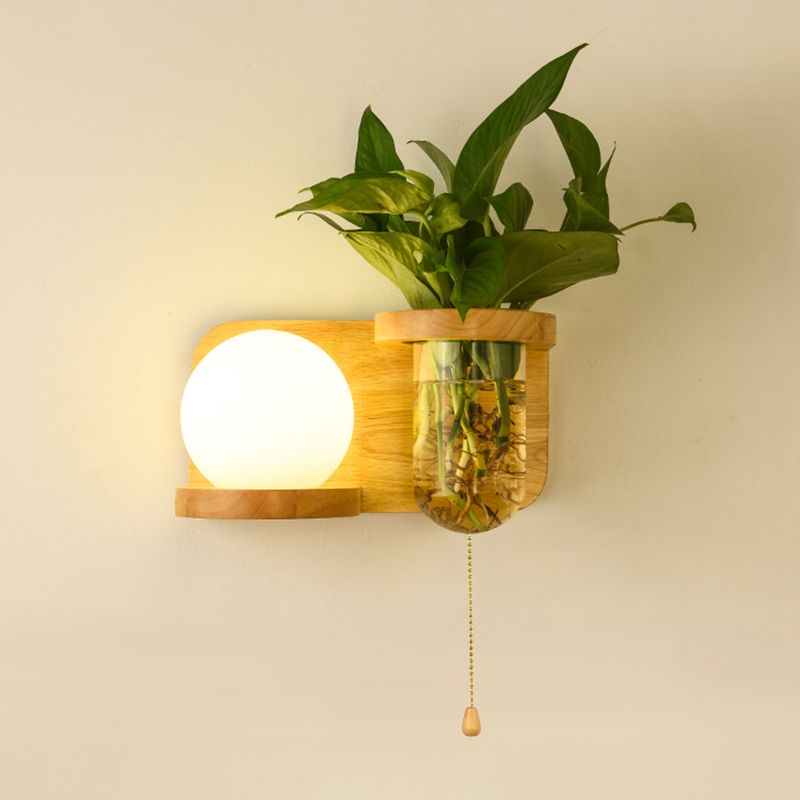 Milk Glass Ball Wall Lighting Nordic 1-Bulb Bedside Pull Chain Sconce with Wood Rack and Planter
