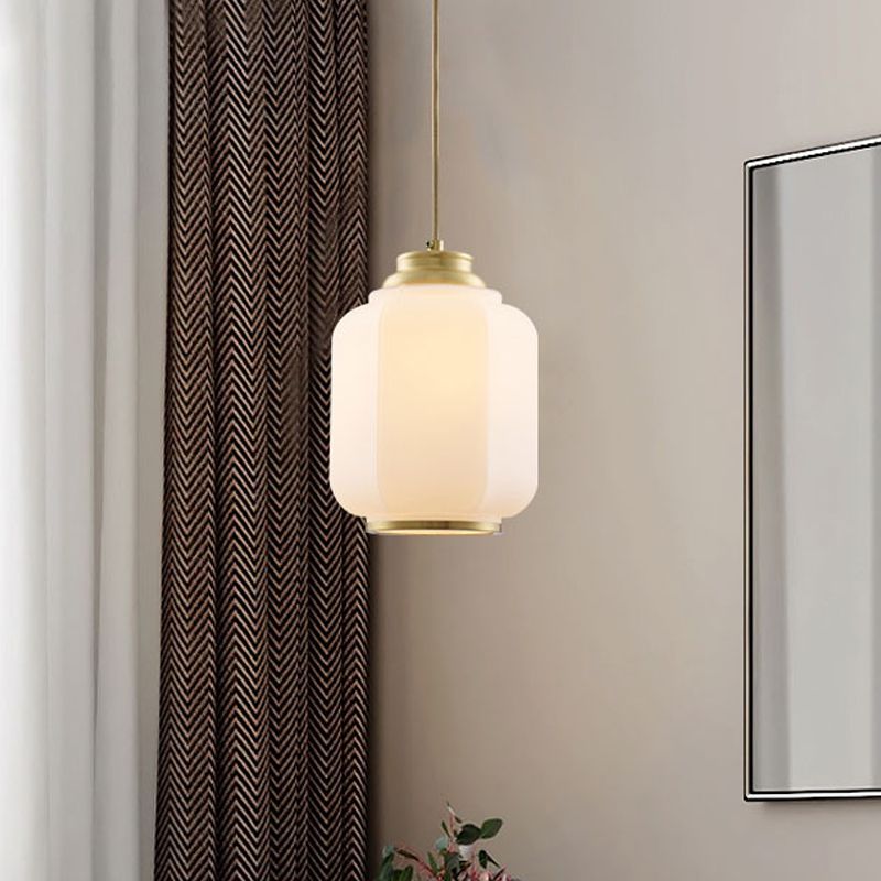 Opal Glass Lantern Suspension Light Traditional 1 Bulb Hallway Hanging Ceiling Lamp in Brass