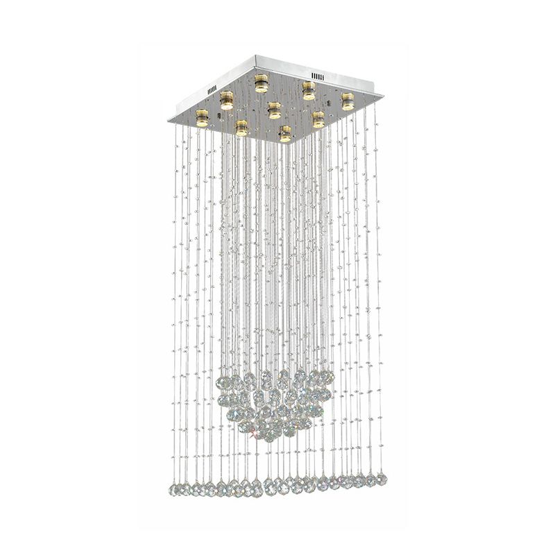 Modernist Waterfall Pendant Light 9-Bulb Crystal LED Multi Ceiling Lamp in Silver with Square Canopy