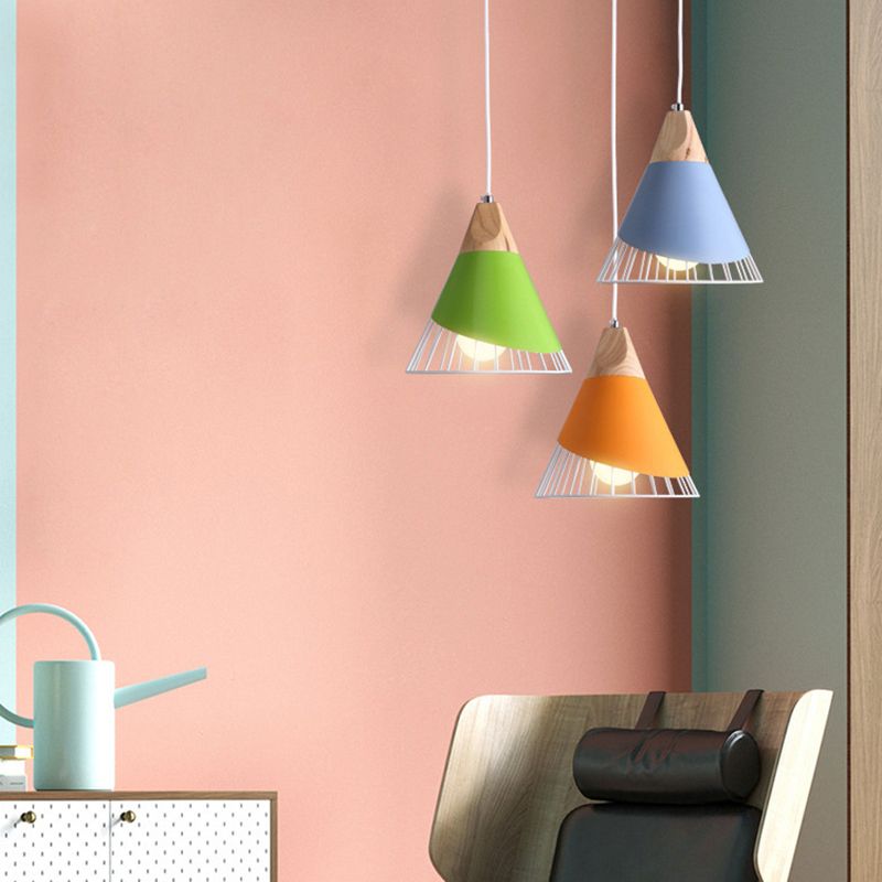 1 Light Macaroon Hanging Light Nordic Minimalist Solid Wood Bedroom Pendant Lamp with Iron Hollow Lampshade