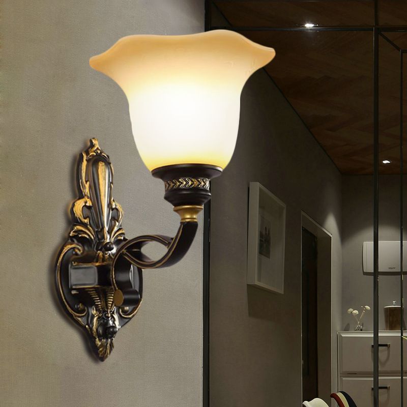 Black Blossom Wall Mounted Light Traditional White Glass Shade 1/2-Light Bedroom Wall Sconce with Metal Curvy Arm