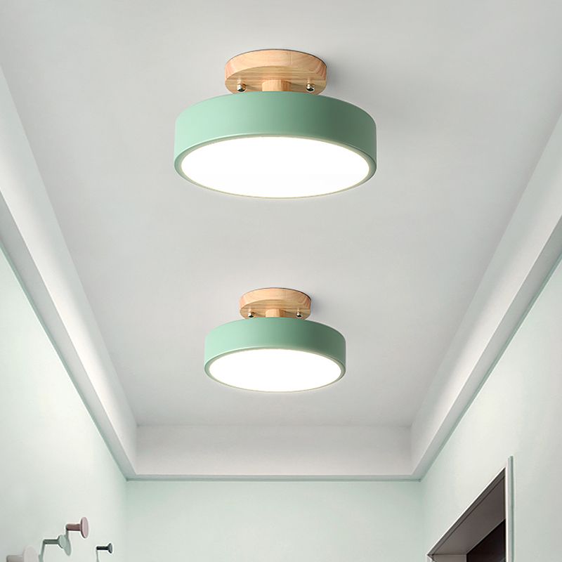 Iron Drum Flushmount Nordic White/Green/Grey Finish LED Semi Close to Ceiling Light with Wood Canopy for Corridor