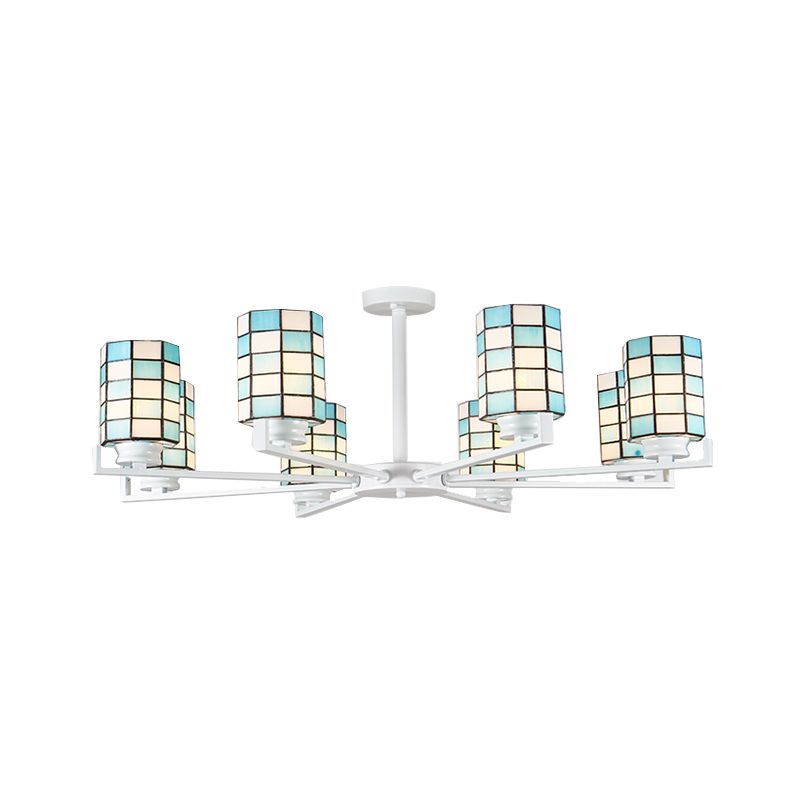 Stained Glass Black/White Semi Mount Lighting Cylinder 3/6/8 Lights Baroque Ceiling Mounted Light