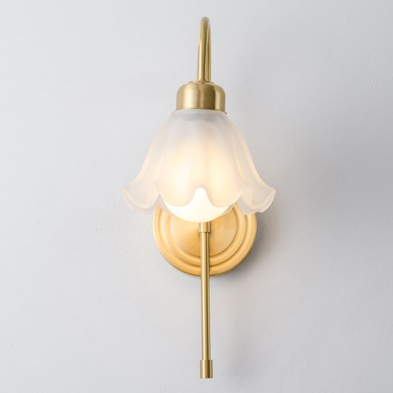 Modern Metal Wall Sconce Flower Shape Wall Light with Glass Shade for Bedroom in Gold