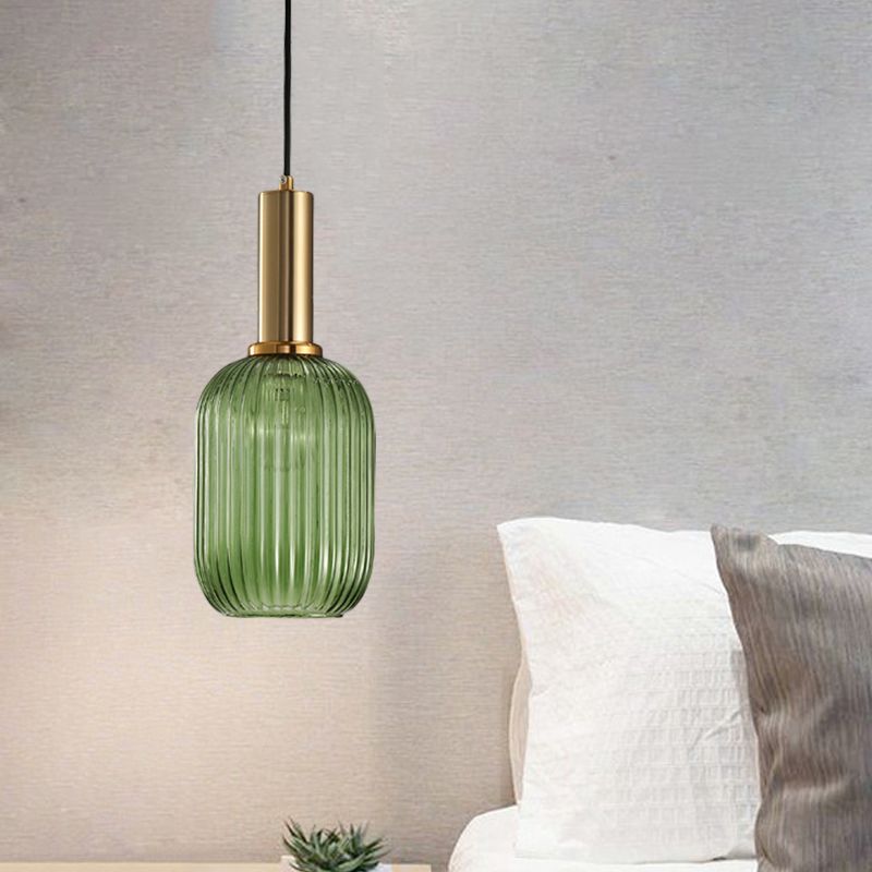 Zwart/gouden cilinder/ovaal/capsule hanger lamp Modernist 1 lichtgrijs/groen/barnsteen geribbelde glazen plafondlamp voor keuken