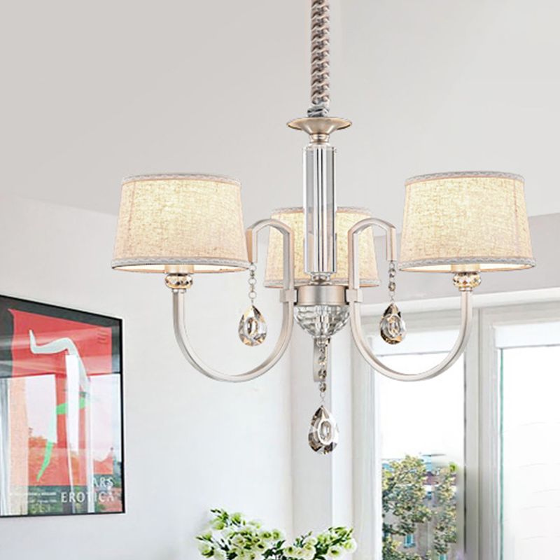 Nickel Swoop Arm Hanging Kronleuchter moderne 3/6 Leuchten Metall -Drop -Lampe mit Flaxen Stoff Shade und K9 Crystal Decor