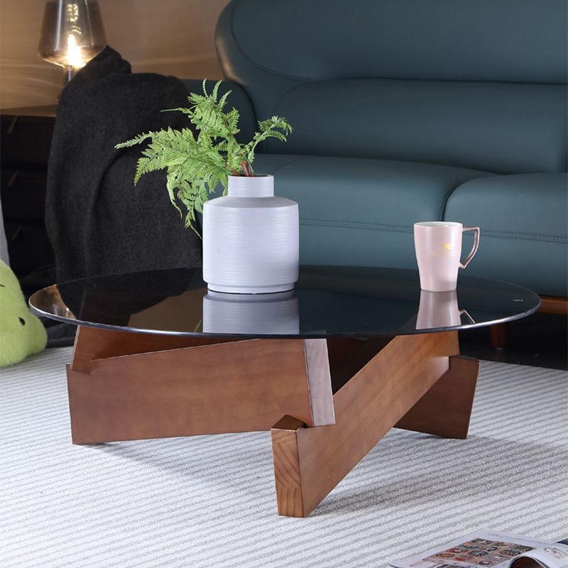 Round Glass-Topped Coffee Cocktail Table with Solid Wood Base