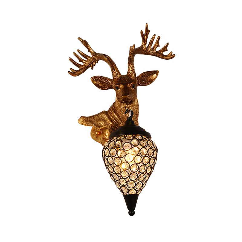 Sika Deer Head Dinette Sconce Ideas Countryside Resin Single Gold Wall Lamp Fixture with Teardrop Crystal Shade, Left/Right