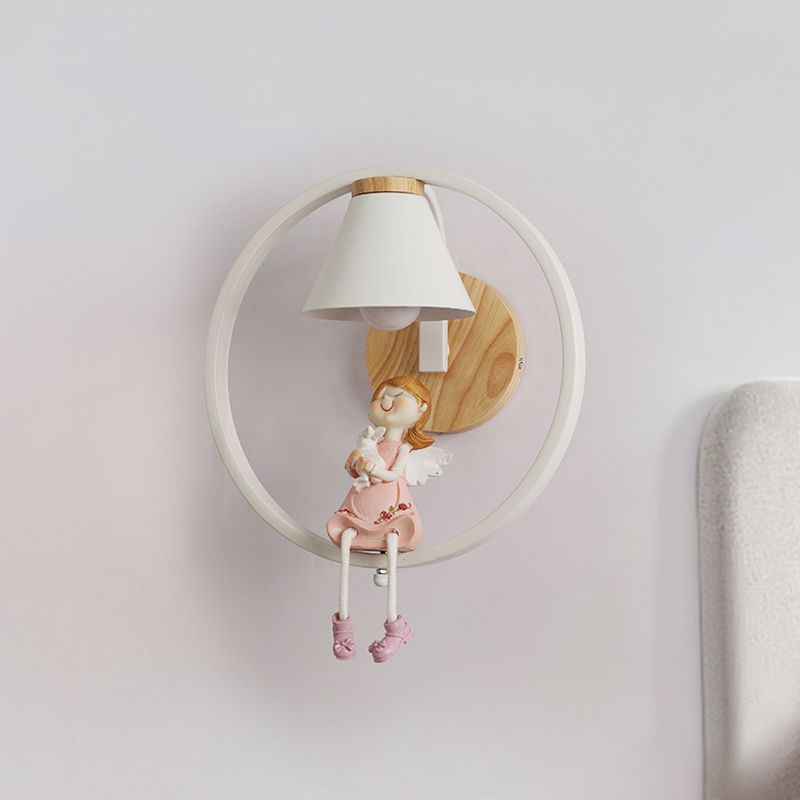 Deer/Angel Girl Wall Light Cartoon Metal 1 lichtroze/blauwe wandverlichting met conische stofschaduw en ring