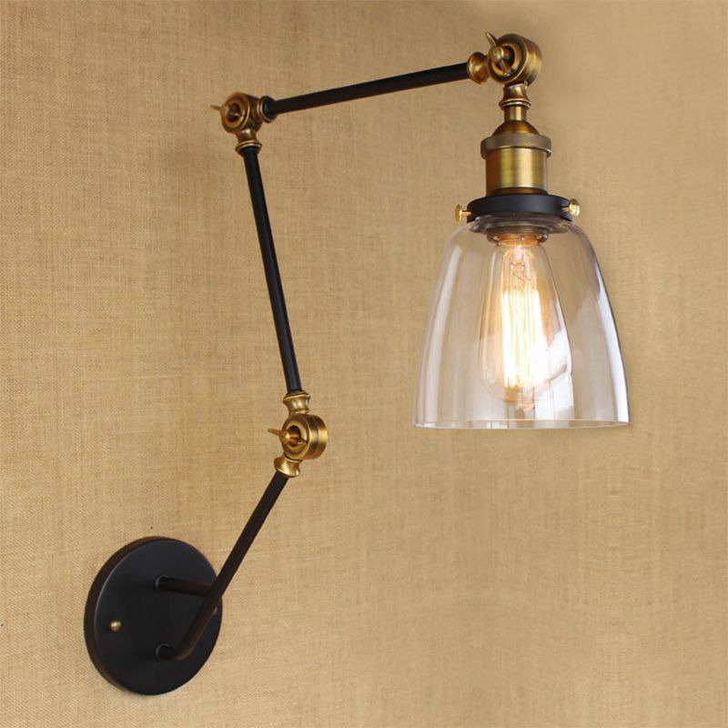 Adjustable 3-Joint Arm Iron Wall Lamp Industrial 1 Head Bedroom Wall Reading Light with Globe/Saucer Clear Glass Shade
