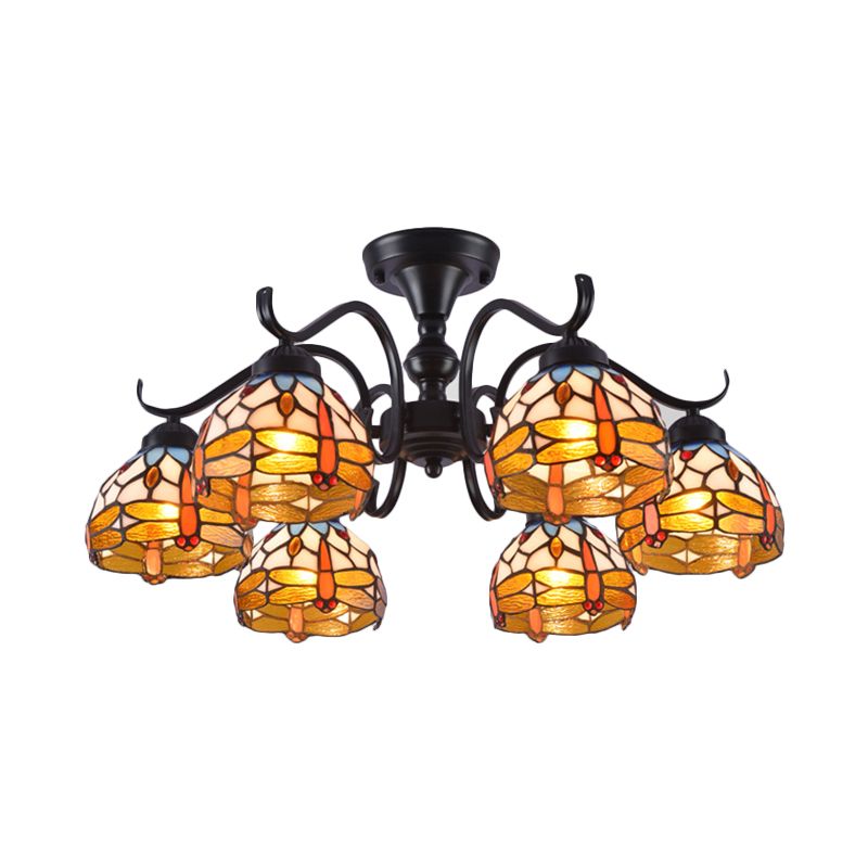 13"/19.5" H Dragonfly Semi-Flush Mount 6 Lights Cut Glass Mediterranean Ceiling Mounted Fixture in Black