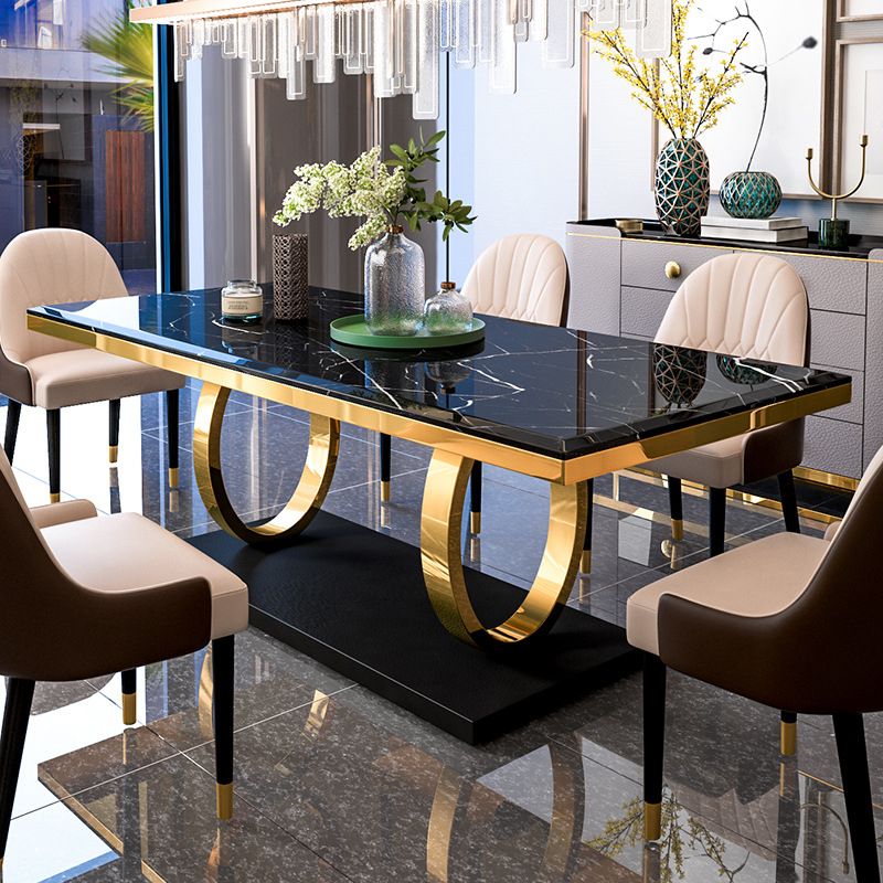 Mesa de comedor de lujo tradicional, mesa de comedor rectangular de piedra con marco dorado para uso doméstico