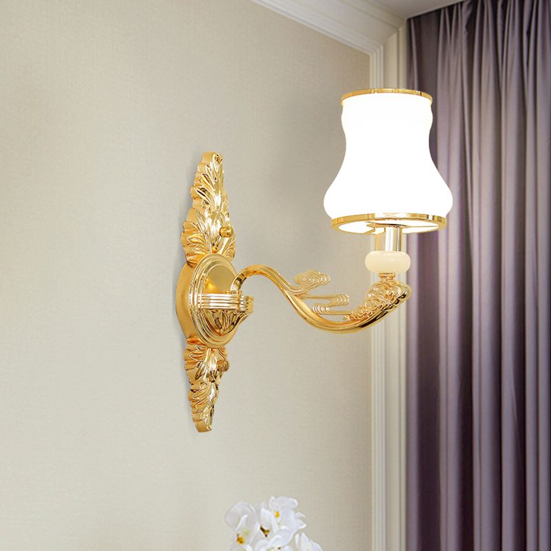 Gold Shaded Wall Lighting Simplicity Opal Glass Corridor Wall Light Fixture with Curved Arm