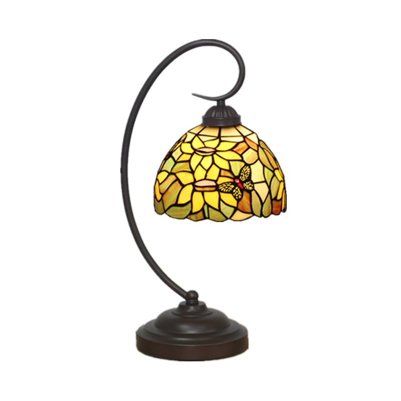 Red/Yellow 1 Light Night Table Lamp Tiffany Hand Cut Glass Domed Blossom Patterned Desk Lighting for Bedroom