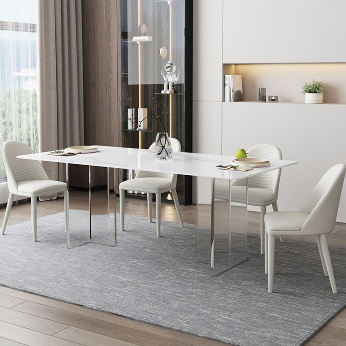 Mesa de comedor rectangular moderna, mesa de comedor de piedra sinterizada blanca con base acrílica para cocina