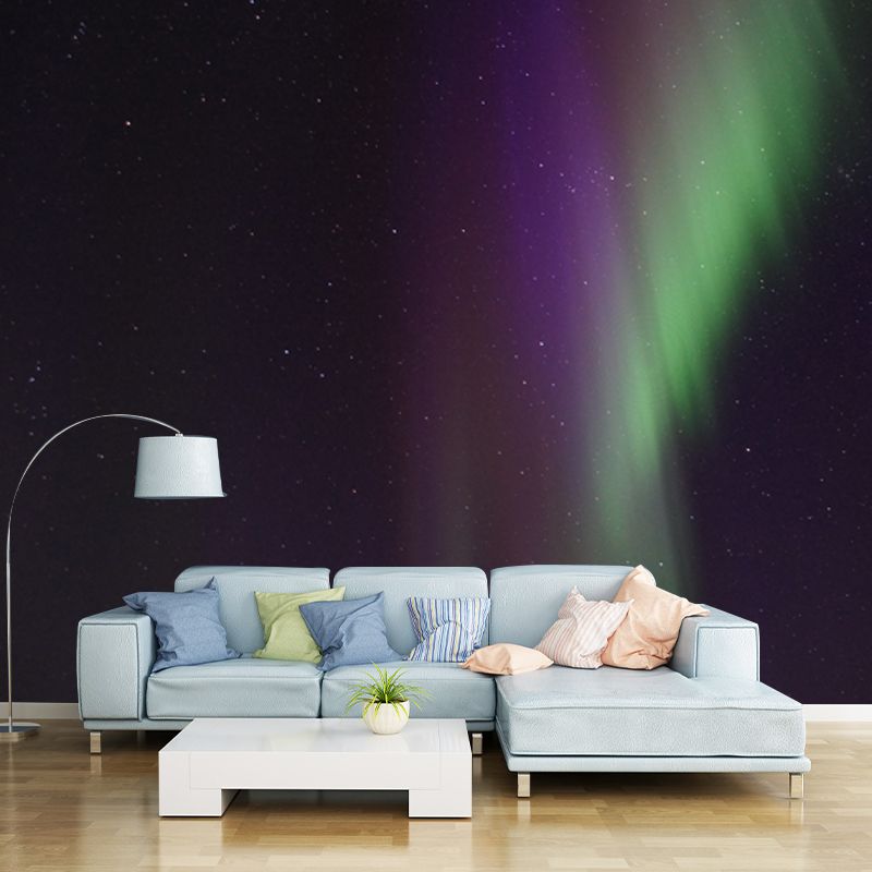 Purple-Green Aurora Borealis Mural Moisture Resistant Wall Decor for Living Room