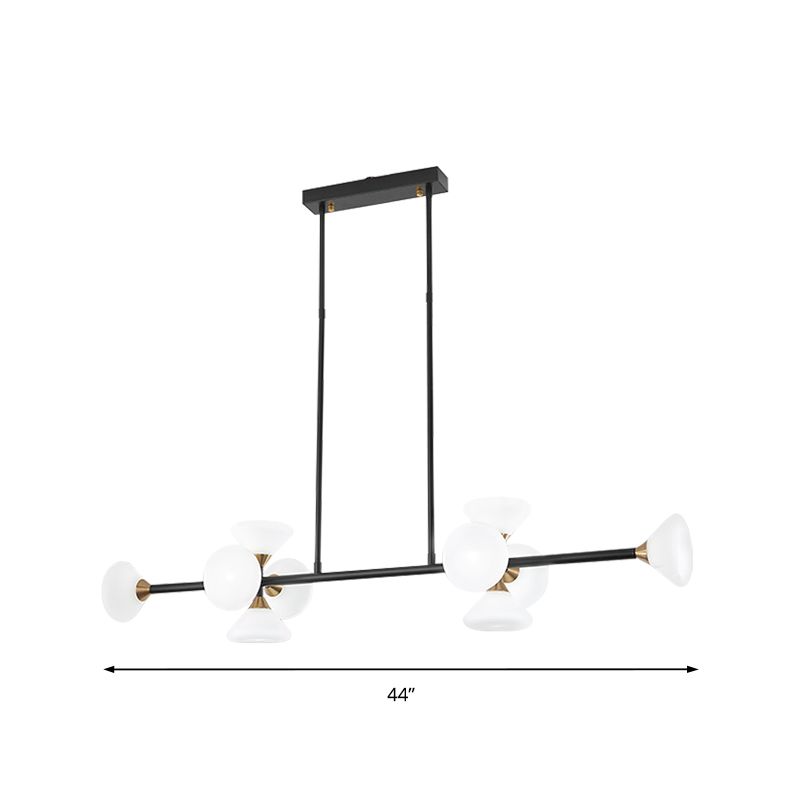Modern 6/10-Head LED Island Pendant with White Glass Shade Black Linear Ceiling Light Fixture in Warm/White Light