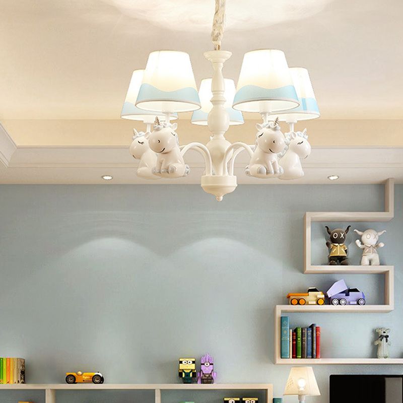 Unicorn Chandelier Lamp Cartoon Resin 5 Bulbs Nursery Hanging Light with Empire Fabric Shade