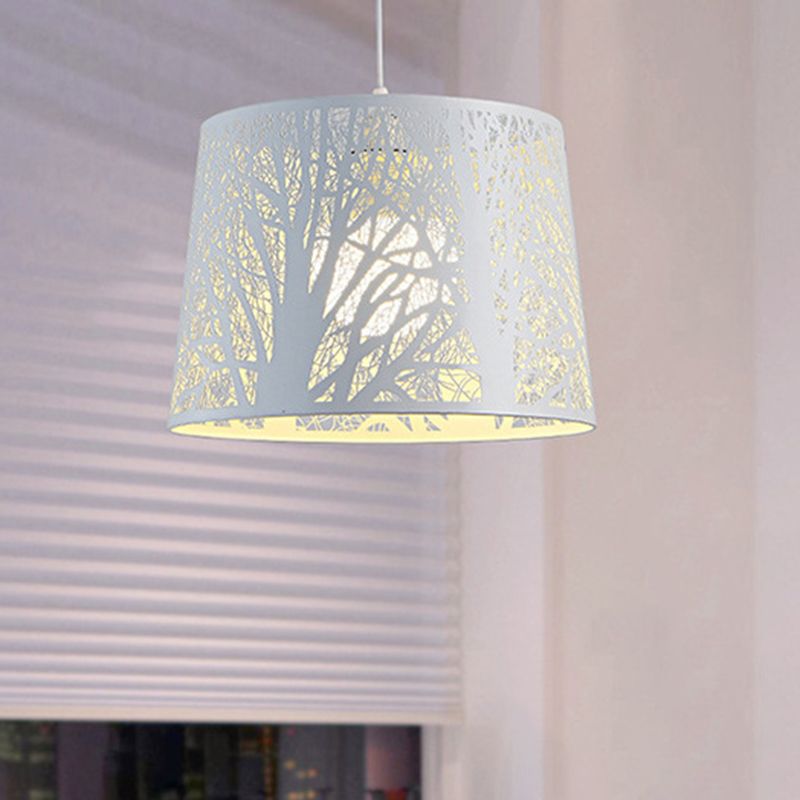 Simple Drum Suspension Pendant Metal 1 Light Dining Room Hanging Lamp Kit in White