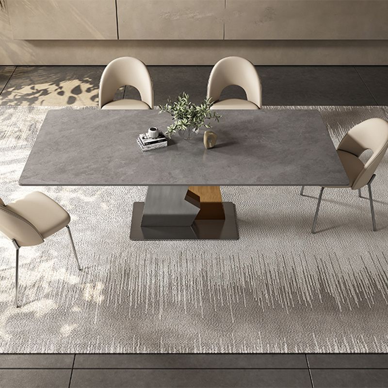 Industrial Sintered Stone Dining Table in Grey Rectangle Dining Table with Pedestal Base