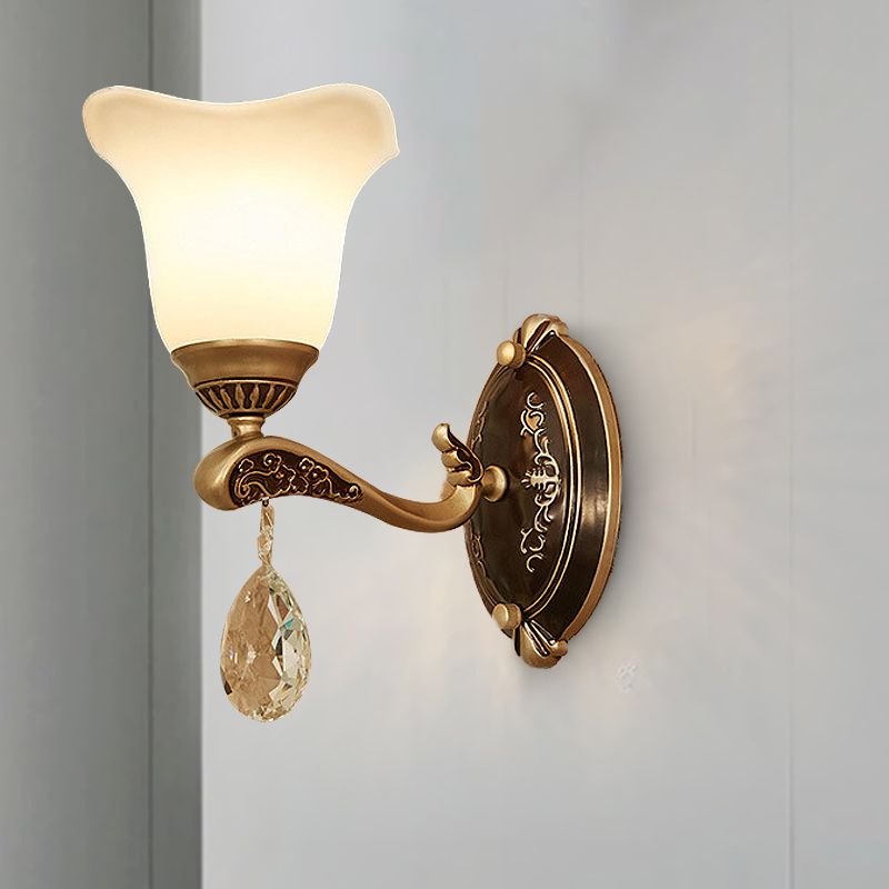 Brass Scalloped Sconce Light Modern Metal 1/2 Lights Indoor Wall Mounted Lamp with Crystal Drop