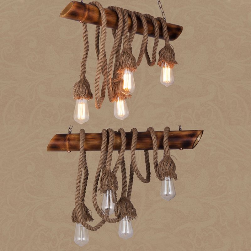 Country Rope Rope Island Light 3/4/6-Light Bamboo Island Pendant Light avec une ampoule nue en beige