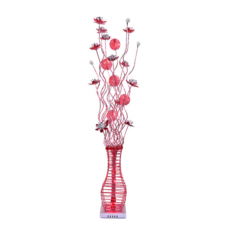 Ramo albero in alluminio in piedi su leggero comodino decorativo a led fiore lampada da pavimento con vaso in nero in nero e argento/rosso