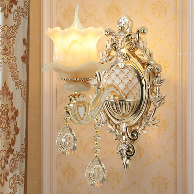 Jade Wall Mount Light Traditional Beige Flower Corridor Wall Sconce with Crystal Drop