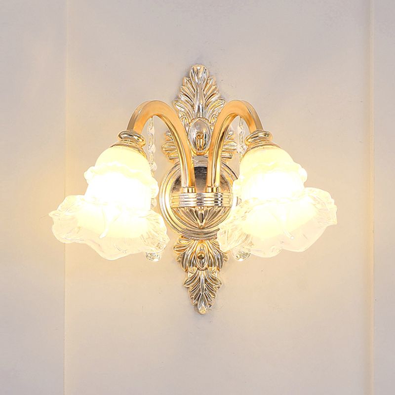 Gold Floral Shade Ceiling Lighting Traditional Ruffle Glass Living Room Chandelier Light with Crystal Draping