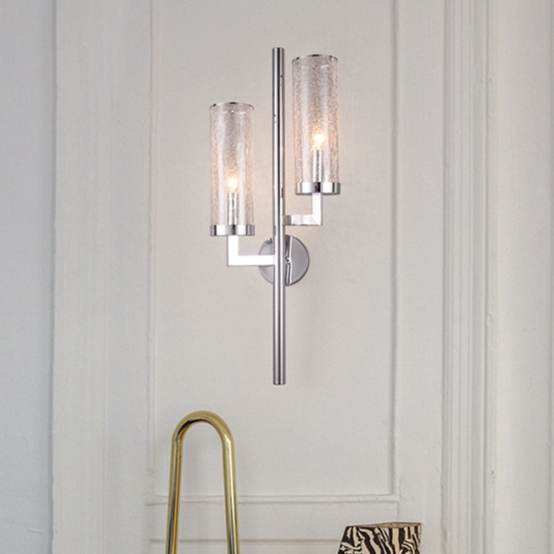 Chrome Armed Wall Lamp Modern 2 Bulbs Metal Sconce Light Fixture with Crackle Glass Shade