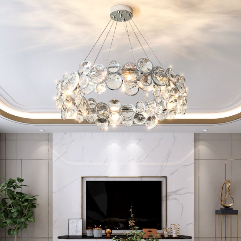 Modern Style Hanging Lights Round Crystal Chandelier in Clear for Living Room