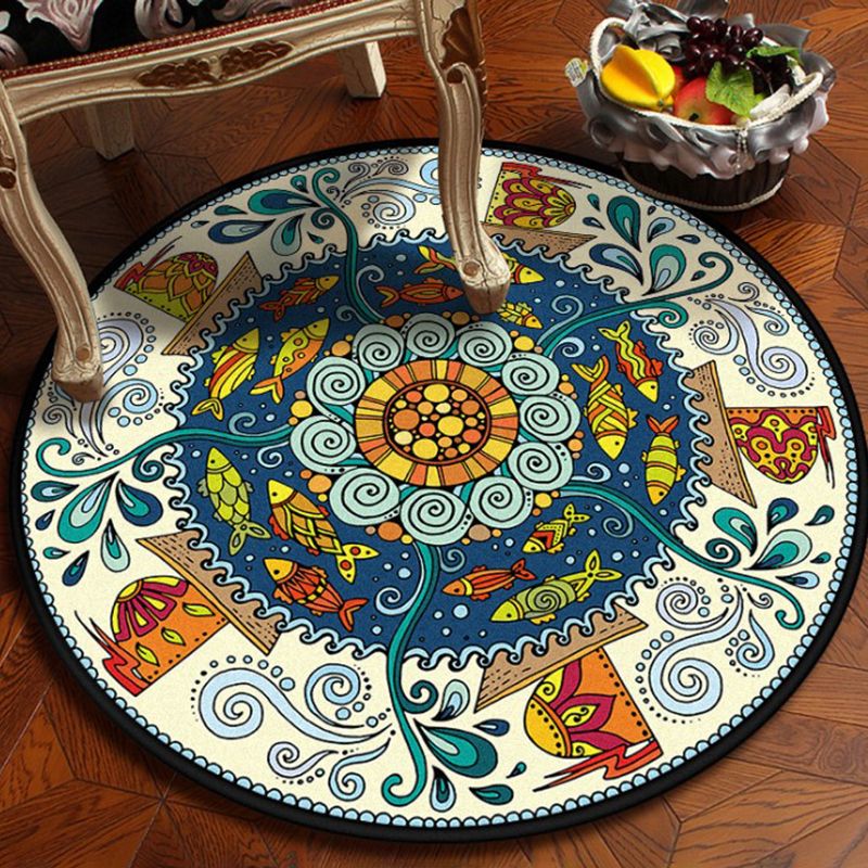 Blue and White Bedroom Rug Southwestern Fish Tribal Rug Polyester Washable Area Rug