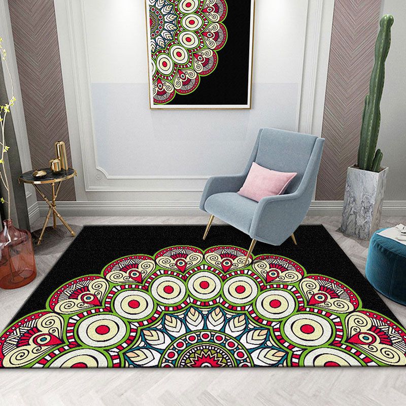 Black Morocco Area Rug Antique Pattern Polyester Area Carpet Stain Resistant Rug for Home Decor