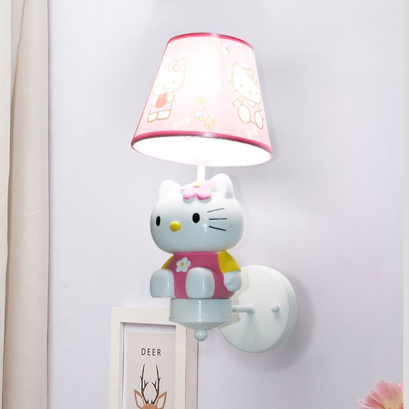 Cute Kitty Girl's Room Wall Lighting Resin Single Cartoon Sconce Fixture in Pink with Tapered Fabric Shade