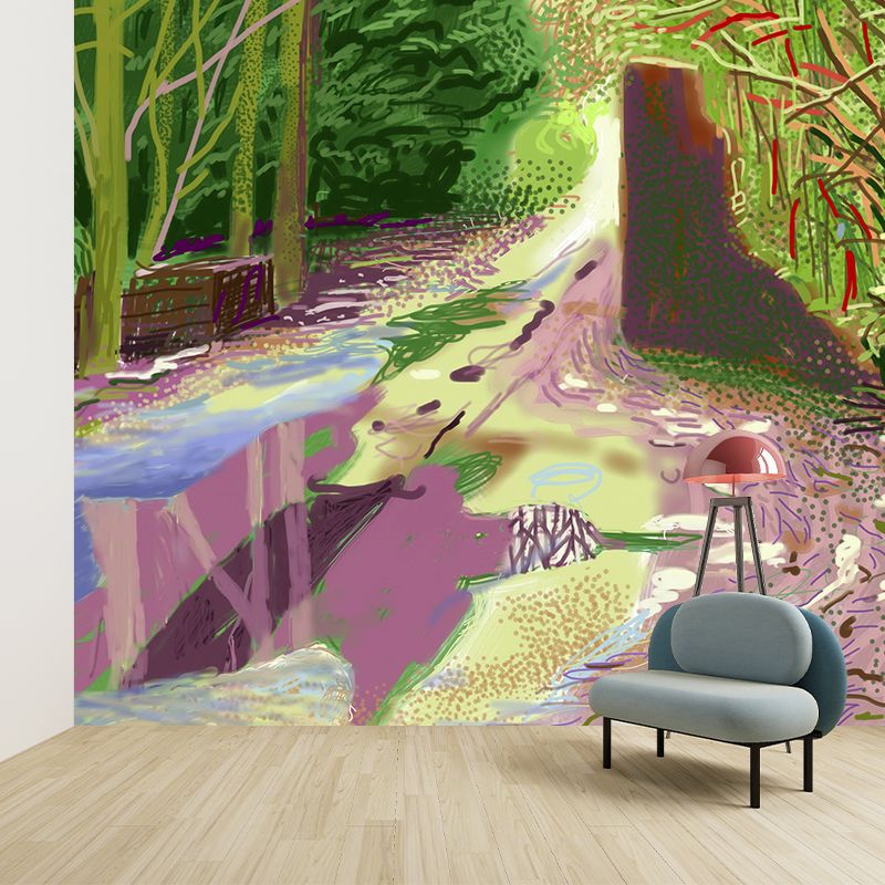 Big Puddles on Road Mural Waterproof Modern Art Bedroom Wall Covering in Pink-Yellow