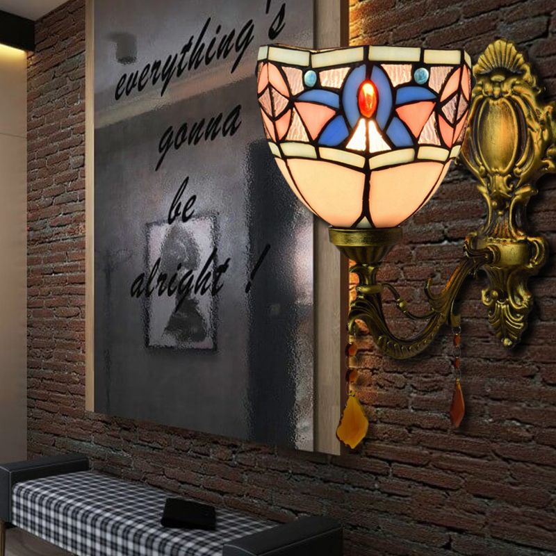 Stained Glass Bowl Wall Sconce Bedroom 1 Bulb Tiffany Classic Wall Lamp in White with Agate