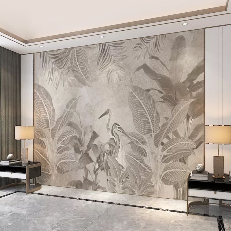 Taupe Coffee Tropical Forest Mural Stain-Resistant Wall Covering for Living Room